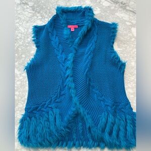 Lilly Pulitzer Knit & Faux fur Vest Sz Large Cerulean Blue